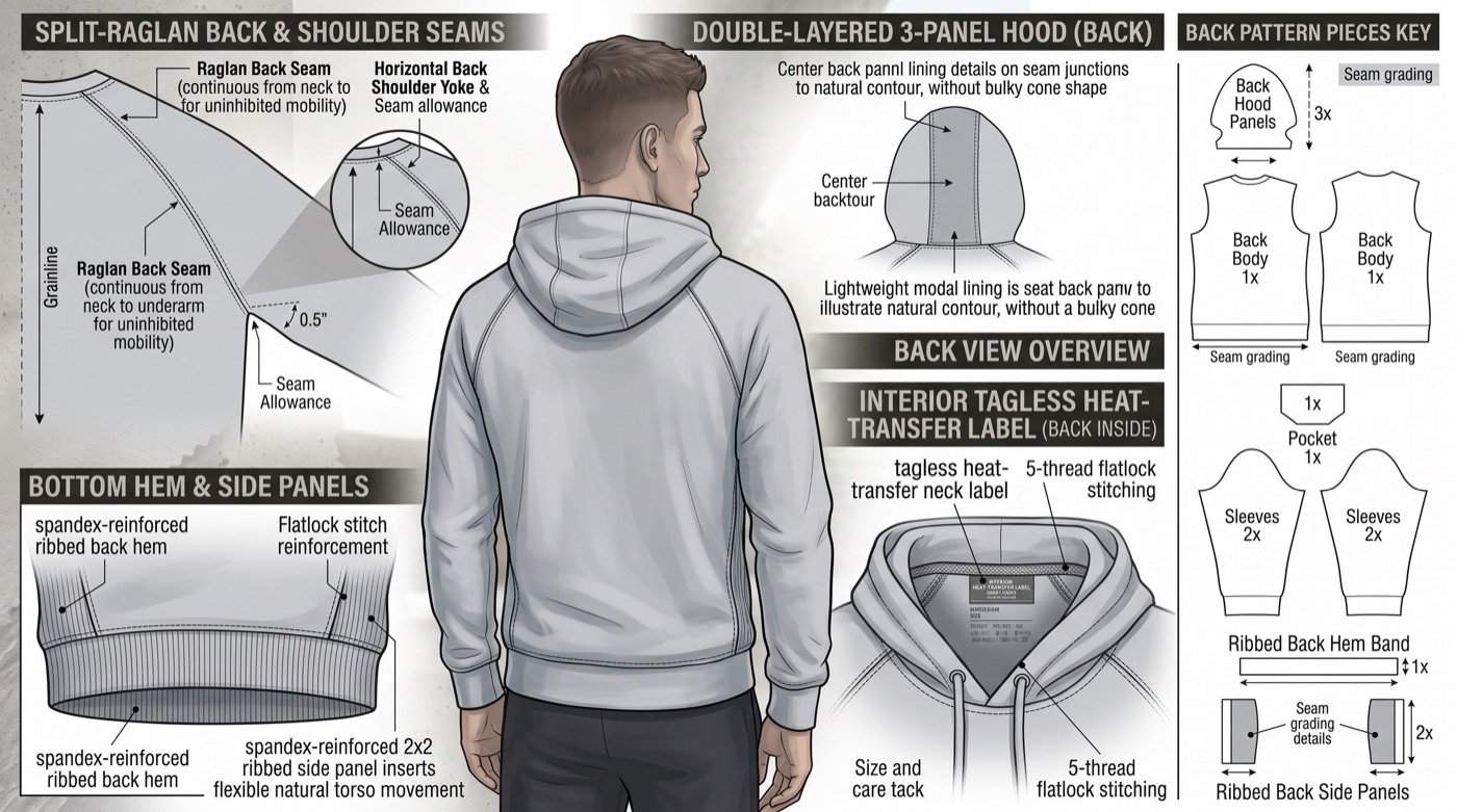 Cloud-Shield hoodie back view and raglan sleeve construction