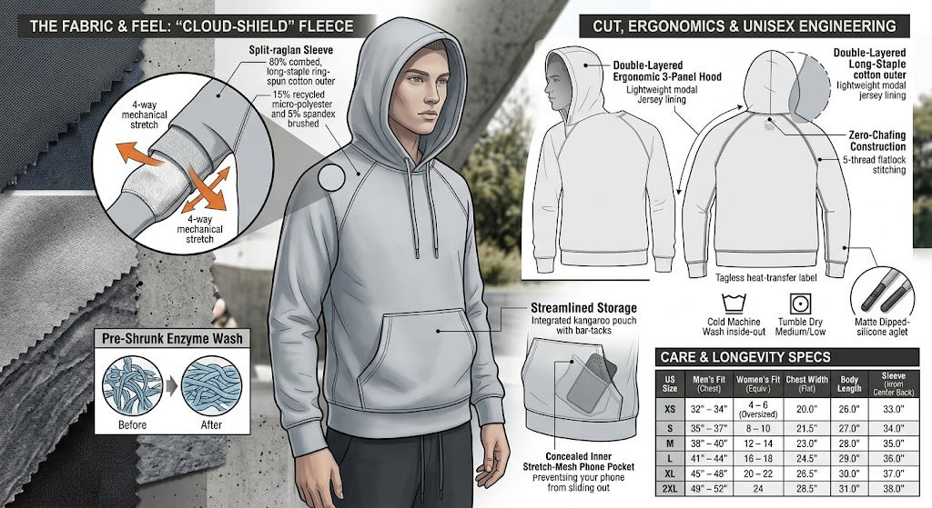 Cloud-Shield fleece tech sheet — fabric, ergonomics, sizing XS–2XL, and care specs